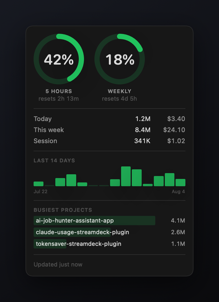 The menu bar popover with gauges, totals, history and busiest projects
