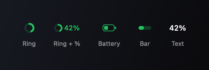 The menu bar icon styles: ring, ring with percentage, battery, bar and text